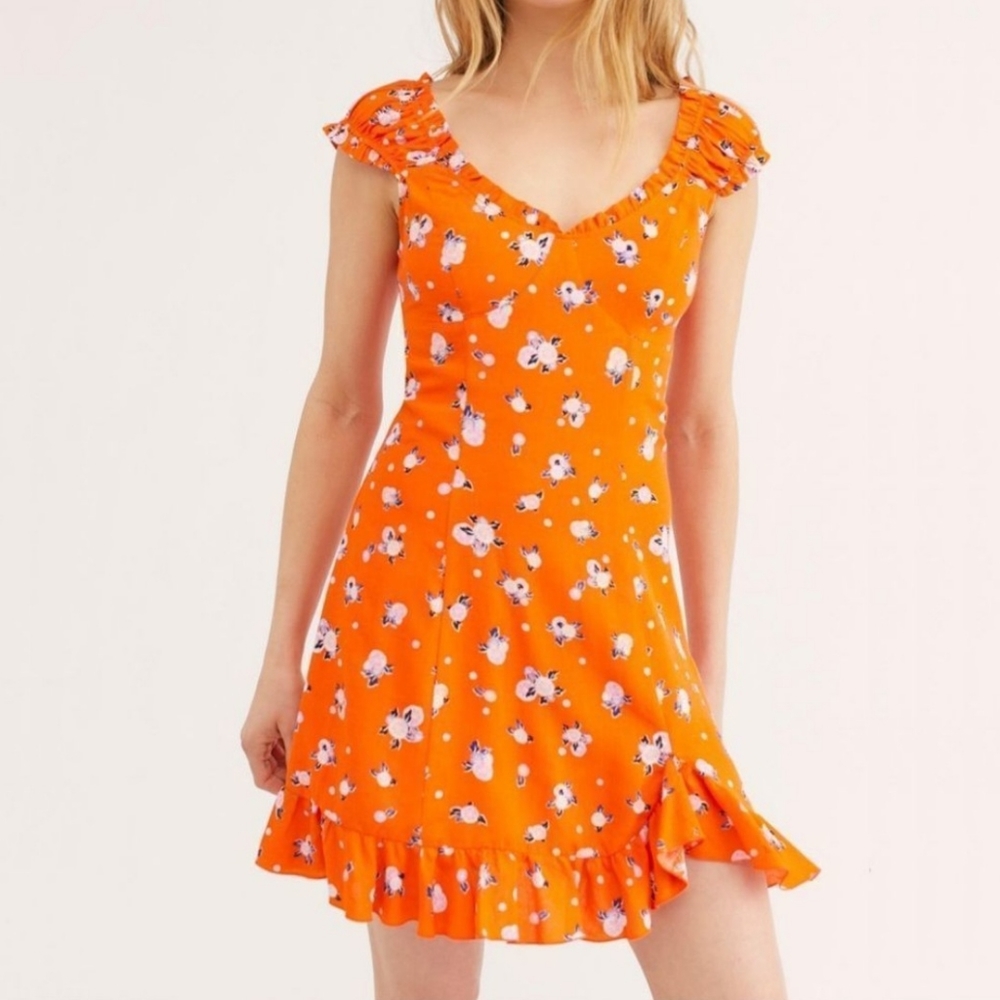  Free People Like A Lady Orange Floral Combo Mini Ruffle Dress in Size Large